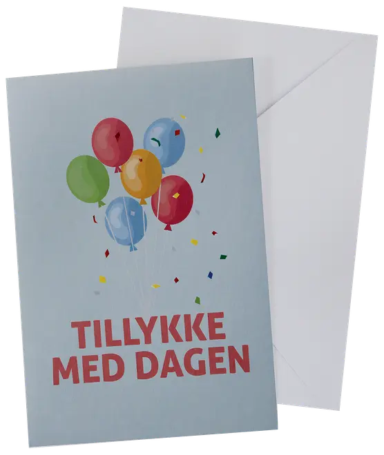Kort med farverige balloner og konfetti på lyseblå baggrund, teksten 'Tillykke med dagen.' Leveres med en matchende hvid kuvert.