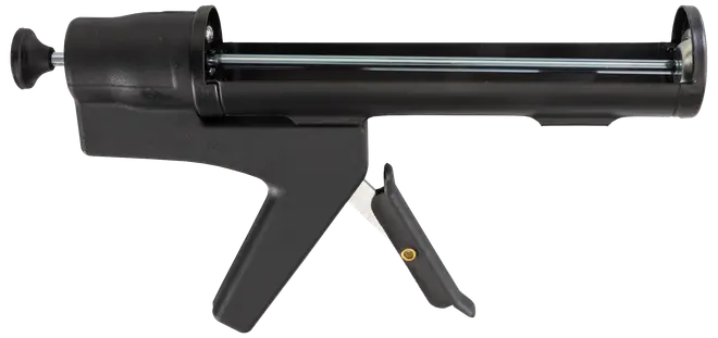 Sort fugepistol med ergonomisk håndtag og udløser, designet til påføring af fugemasse eller lim fra standardpatroner. Robust konstruktion til professionel og hobbybrug.