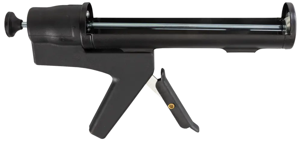 Svart fogpistol med ergonomiskt handtag och avtryckare, avsedd för applicering av fogmassa eller lim från standardpatroner. Hållbar konstruktion för proffs och hemmafixare.