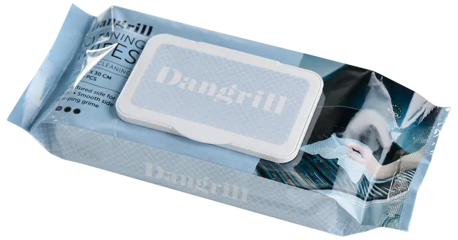 Pakke Dangrill rengøringsservietter med genluk, beregnet til rengøring af grill. Blå emballage med produktinformation og billede af hånd, der rengør grillrist.