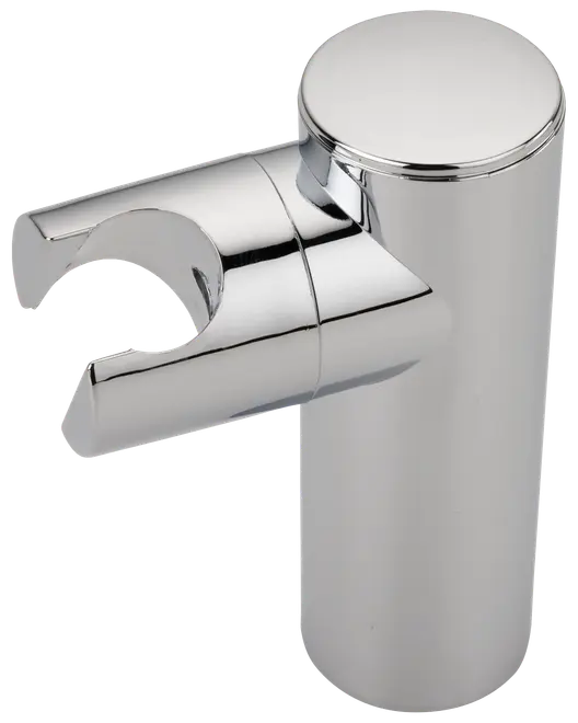 Forkromet brusehovedholder med cylindrisk base og åben klemme, der gør det nemt at fastgøre og justere håndbruser. Moderne og stilrent design til badeværelset.