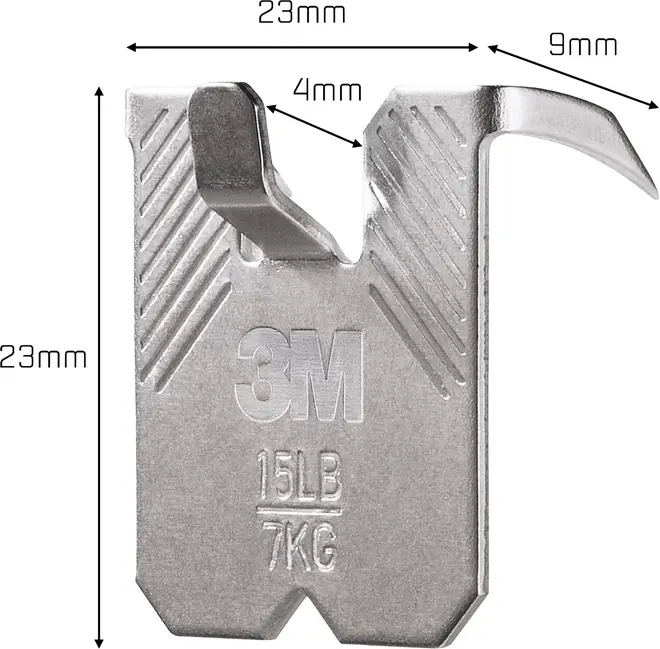 Metal vægophæng, 23mm x 23mm, med krog og tap. Kan bære op til 15LB (7KG). 3M mærke, tekstureret overflade, egnet til sikker montering af rammer eller genstande.