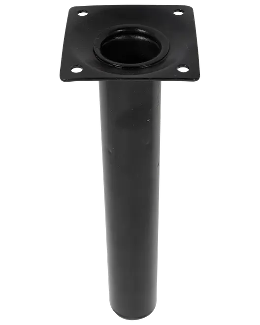 Sort metal flush-monteret stangholder med firkantet base og fire skruehuller til sikker montering. Designet til fiskestænger på både eller broer.