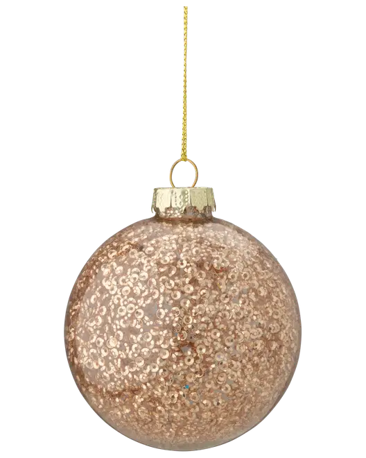 Rund julgranskula i klart glas fylld med glittrande guldpaljetter, guldfärgad topp och upphängningssnöre. Ger en festlig och glittrande känsla till julgranen.