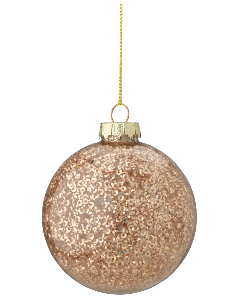 Rund julgranskula i klart glas fylld med glittrande guldpaljetter, guldfärgad topp och upphängningssnöre. Ger en festlig och glittrande känsla till julgranen.