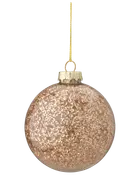 Rund julgranskula i klart glas fylld med glittrande guldpaljetter, guldfärgad topp och upphängningssnöre. Ger en festlig och glittrande känsla till julgranen.