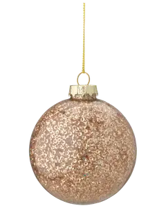 Rund julgranskula i klart glas fylld med glittrande guldpaljetter, guldfärgad topp och upphängningssnöre. Ger en festlig och glittrande känsla till julgranen.