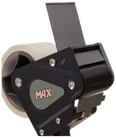 Handhållen tejphållare med ergonomiskt svart handtag, metallblad och en rulle klar packtejp. Passar för att försluta kartonger. Märket 'MAX' syns på sidan.