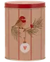 Rund dåse med rød låg, beige krop, motiv af fugl på fyrregren, rødt hjerte og ornament med hjerte. Perfekt til festlig opbevaring eller gave.