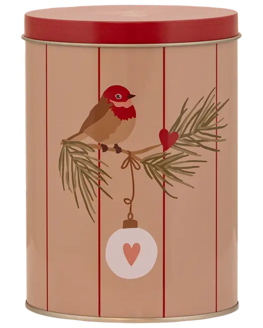 Rund dåse med rød låg, beige krop, motiv af fugl på fyrregren, rødt hjerte og ornament med hjerte. Perfekt til festlig opbevaring eller gave.