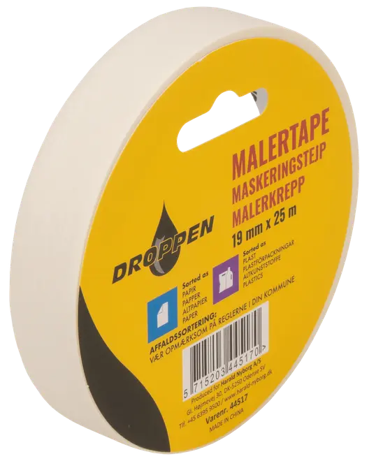 Rulle malertape, 19 mm bred og 25 m lang, hvid farve, med gul etiket med mærket Droppen og produktinformation på flere sprog.