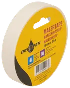 Rulle malertape, 19 mm bred og 25 m lang, hvid farve, med gul etiket med mærket Droppen og produktinformation på flere sprog.