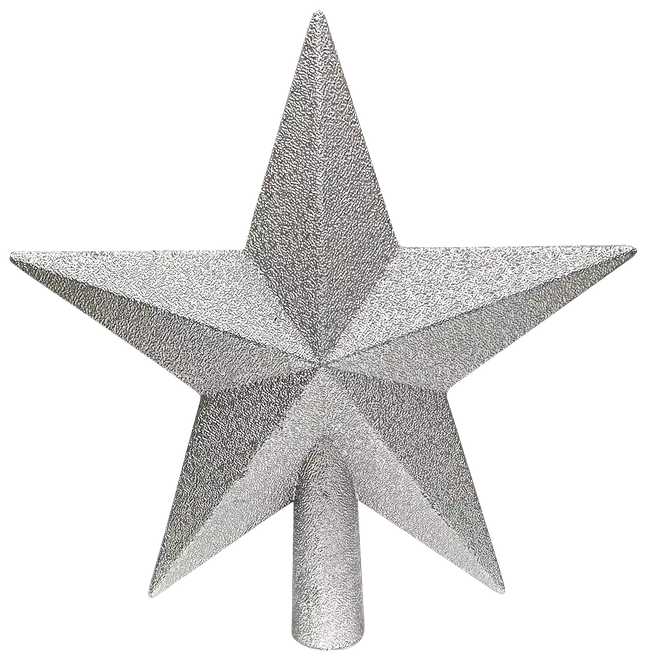 Sølvfarvet, glitrende 3D-stjernetop med fem takker og cylinderformet base til nem montering på juletræet. Giver et festligt og skinnende udtryk.