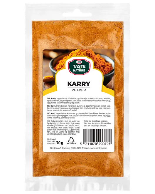 70g återförslutningsbar påse Taste of Nature currypulver. Innehåller koriander, gurkmeja, kryddnejlika, fänkål, spiskummin, cayennepeppar och svartpeppar. Passar till kryddning av maträtter.