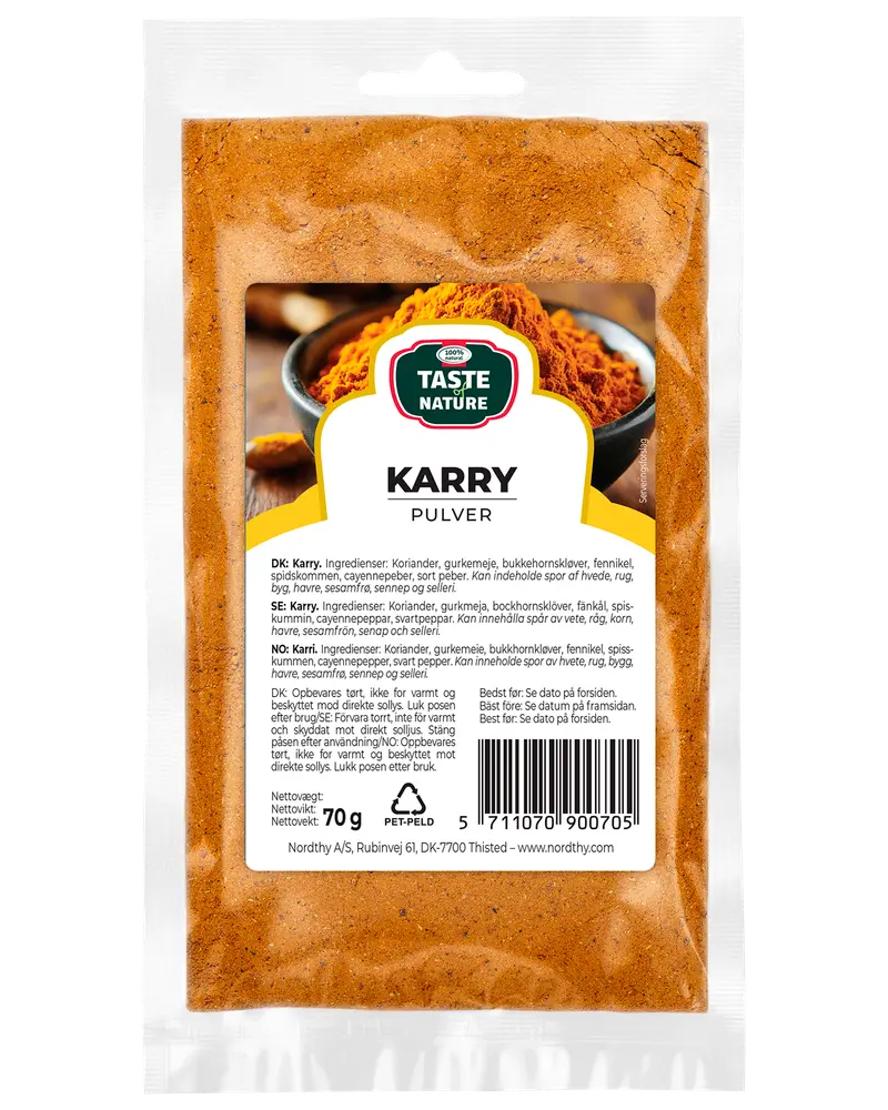 70g återförslutningsbar påse Taste of Nature currypulver. Innehåller koriander, gurkmeja, kryddnejlika, fänkål, spiskummin, cayennepeppar och svartpeppar. Passar till kryddning av maträtter.