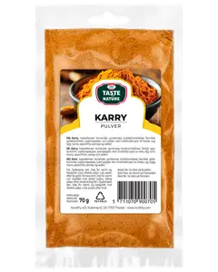 70g återförslutningsbar påse Taste of Nature currypulver. Innehåller koriander, gurkmeja, kryddnejlika, fänkål, spiskummin, cayennepeppar och svartpeppar. Passar till kryddning av maträtter.