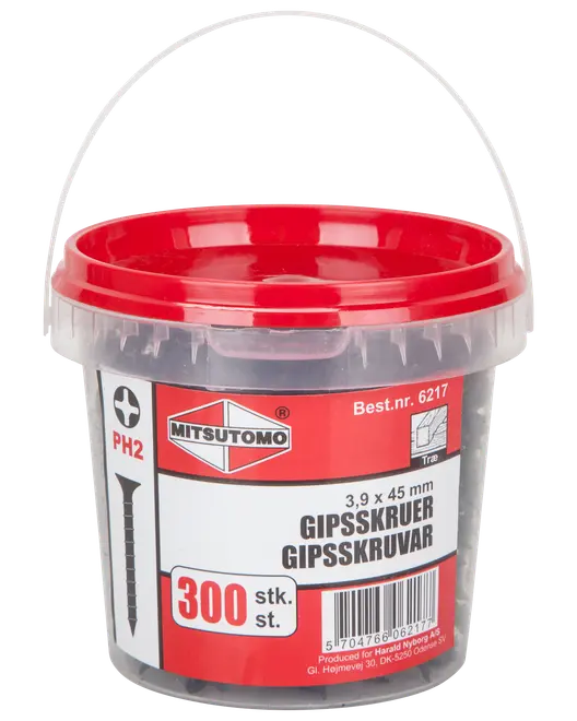 Plastbøtte med rødt låg indeholder 300 Mitsutomo gipsskruer, 3,9 x 45 mm, PH2 type, egnet til træ. Etiketten viser produktinformation og stregkode.