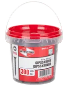 Plastburk med rött lock innehåller 300 Mitsutomo gipsskruvar, 3,9 x 45 mm, PH2 typ, för trä. Etikett med produktinformation och streckkod.