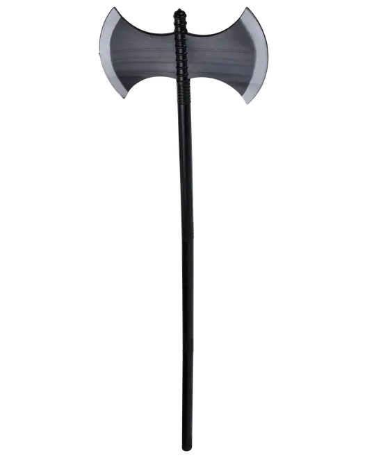Dubbelbladig stridsyxa i plast med svart handtag och silverfärgade blad. Lättviktig, perfekt för utklädnad eller rollspel. Realistisk design med detaljerat grepp.