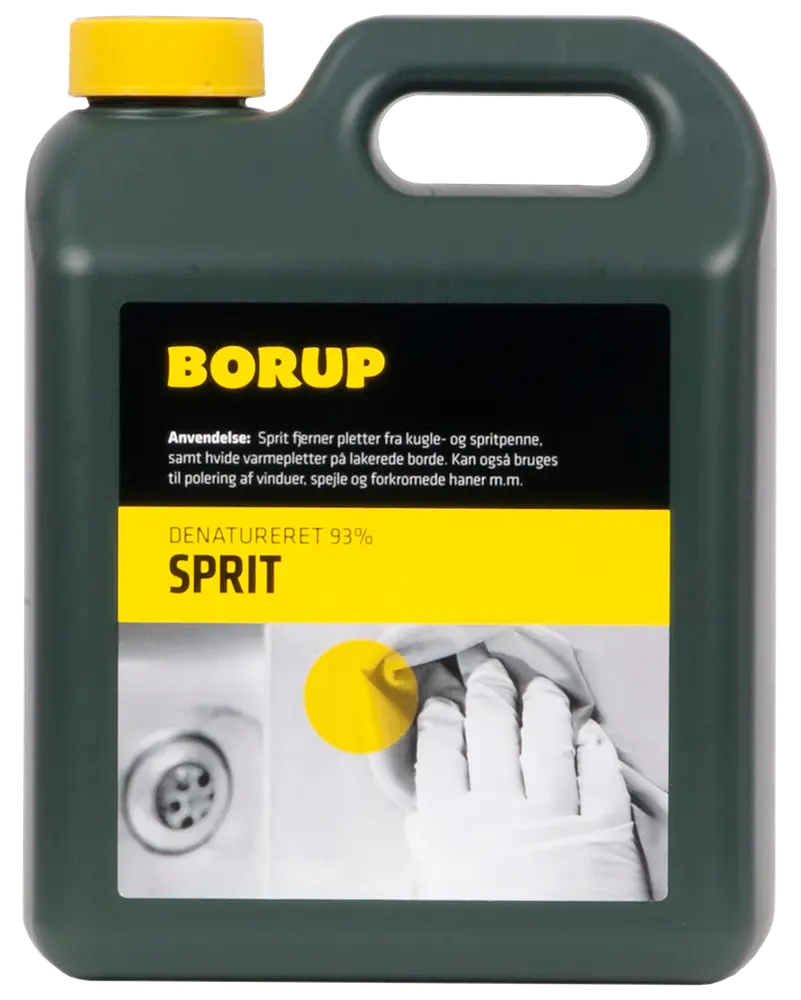 Stor sort plastdunk med gult låg og hank, mærket 'Borup Denatureret 93% Sprit.' Anvendes til rengøring, pletfjerning og polering. Indeholder produktinformation og rengøringsbillede.
