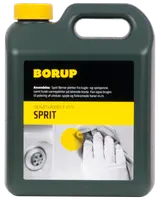 En-liters flaske Borup 93% denatureret sprit med gul låg, blå væske og etiket til rengøring og desinfektion af hårde overflader. Velegnet til husholdning og industri.