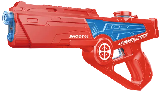 Rød og blå plastik legetøjspistol med futuristisk design, aftrækkerhåndtag og mål grafik. Har teksten "SHOOT" og "FIGHT", velegnet til børns leg eller udklædning.