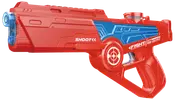 Rød og blå plastik legetøjspistol med futuristisk design, aftrækkerhåndtag og mål grafik. Har teksten "SHOOT" og "FIGHT", velegnet til børns leg eller udklædning.