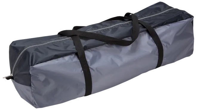 Rektangulær, grå og sort nylon bæretaske med lynlåslukning og to sorte håndtag. Velegnet til opbevaring og transport af store genstande som telte eller klapstole.