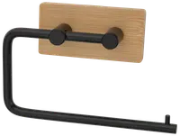Väggmonterad toalettpappershållare med rektangulär träbas och svart metallarm. Modern, minimalistisk design, enkel att montera och passar vanliga toalettpappersrullar.