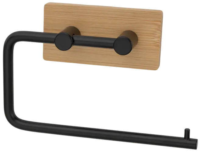 Vægmonteret toiletpapirholder med rektangulær træbase og sort metalarm. Moderne, minimalistisk design, nem at montere og passer til standard toiletpapirruller.