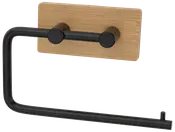 Väggmonterad toalettpappershållare med rektangulär träbas och svart metallarm. Modern, minimalistisk design, enkel att montera och passar vanliga toalettpappersrullar.