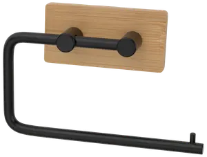 Väggmonterad toalettpappershållare med rektangulär träbas och svart metallarm. Modern, minimalistisk design, enkel att montera och passar vanliga toalettpappersrullar.