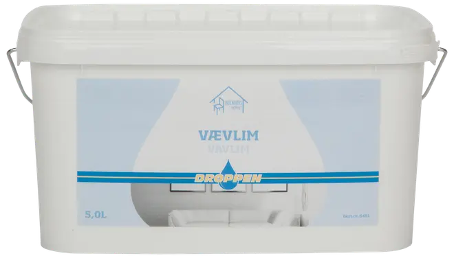 Hvid plastspand med 5 liter Droppen vævlim, blå og hvid etiket med produktinformation samt hank for nem transport.