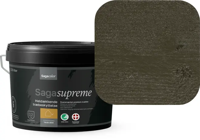 Saga Supreme heldækkende træbeskyttelse, 2,5 liter, mørk olivengrøn farve. Leveres i plastspand med hank, egnet til udendørs træværk.