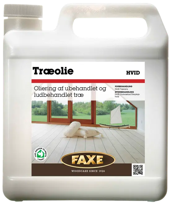 Hvid træolie til ubehandlet eller ludbehandlet træ, velegnet til gulve og møbler. Leveres i plastdunk med hank, FAXE mærke, til indendørs brug, 2,5 liter.