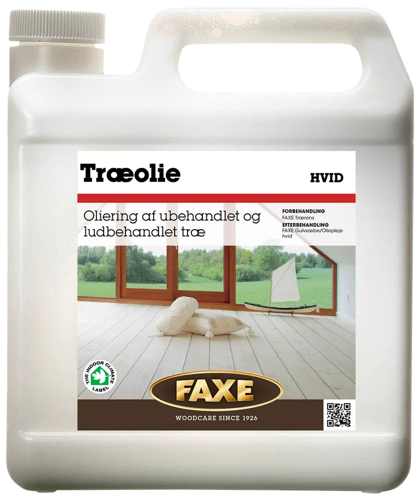 Hvid træolie til ubehandlet eller ludbehandlet træ, velegnet til gulve og møbler. Leveres i plastdunk med hank, FAXE mærke, til indendørs brug, 2,5 liter.