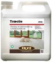 Faxe Træolie Natur i 2,5-liters plastdunk, egnet til ubehandlet og ludbehandlet trægulv. Med skruelåg og bærehåndtag for nem påføring og opbevaring.