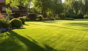 Velplejet, grøn græsplæne med skarpe kanter, omgivet af anlagte bede, buske og træer. Perfekt til udendørs boligområder, giver en blød og attraktiv overflade.