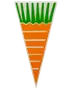 Trekantig vimpel formad som en morot med orange kropp, vita linjer och grön topp som blad. Tillverkad av papper eller plast, perfekt för festdekoration.