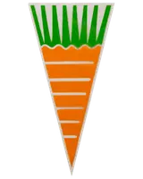 Trekantet banner formet som en gulerod med orange bund, hvide linjer og grøn top som blade. Lavet af papir eller plastik, ideel til festpynt.