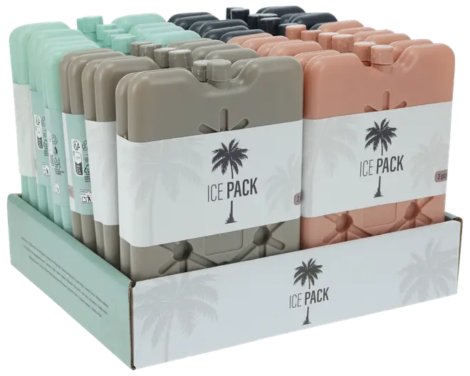 Sæt genanvendelige køleelementer i forskellige farver, rektangulær form med afrundede hjørner, til at holde mad og drikke kolde. Hver pakke har et sikkert skruelåg.