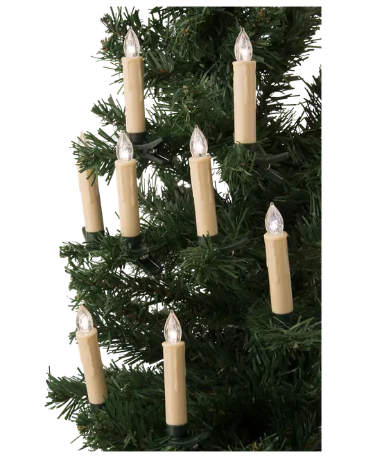 Sæt elektriske juletræslys med varm-hvide pærer, cremefarvede kroppe og grønne clips til nem fastgørelse på grene. Klassisk stearinlysdesign til julepynt.