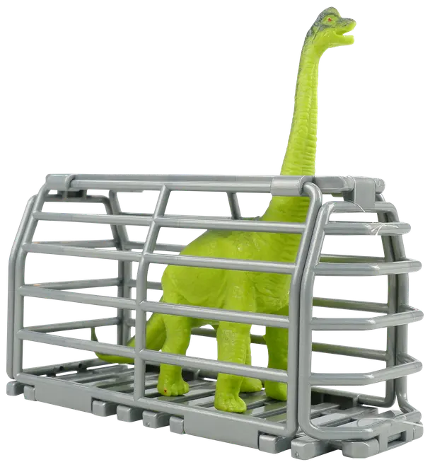 Grøn plastik dinosaurlegetøj med lang hals i et sølvfarvet bur. Buret har vandrette stænger og bund. Dinosaurens hoved stikker op over buret.