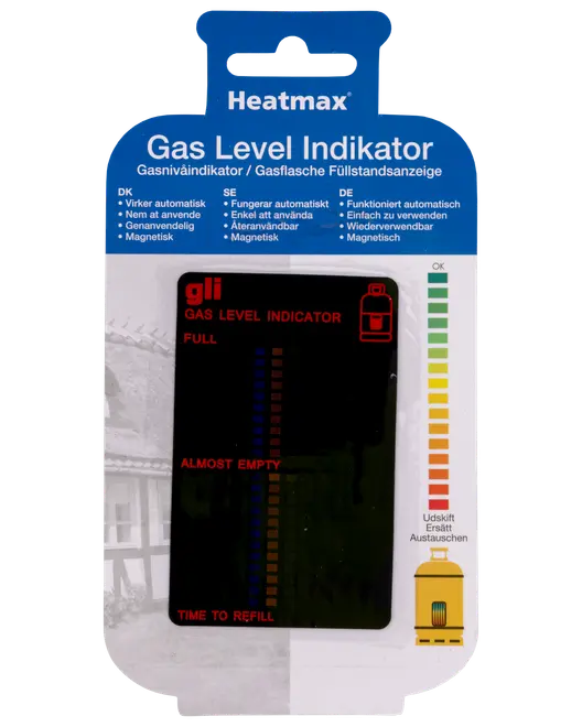 Magnetisk gasniveauindikator til gasflasker, viser niveau fra fuld til tom, genanvendelig, nem at bruge, farvekodet skala for præcis aflæsning.