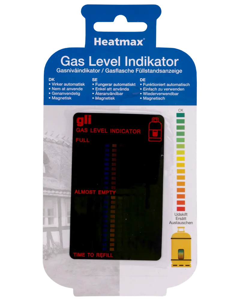 Magnetisk gasniveauindikator til gasflasker, viser niveau fra fuld til tom, genanvendelig, nem at bruge, farvekodet skala for præcis aflæsning.