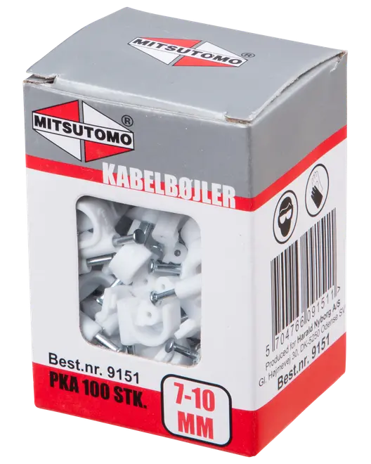 Ask med 100 Mitsutomo kabelklammer, vita med metallspik, för 7-10 mm kablar. Används för att fästa kablar mot väggar eller ytor.