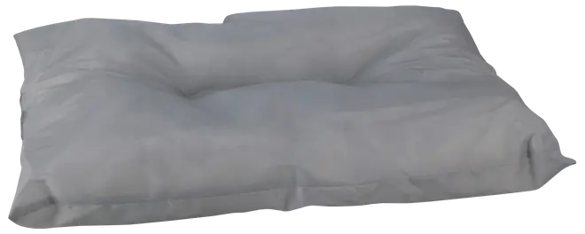 Rektangulär ljusgrå kudde med mjuk, vadderad yta och nedsänkt mitt. Passar för husdjursbäddar eller sittplatser. Enkel design med slät tygstruktur.