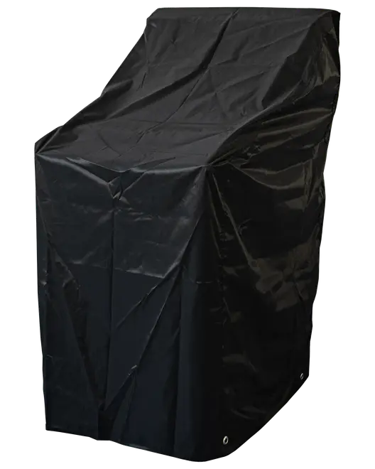 Sort, vandtæt møbelovertræk til udendørs brug, rektangulær form med tilpassede hjørner, lavet af slidstærkt materiale, beskytter stole eller små borde mod regn, støv og sol.