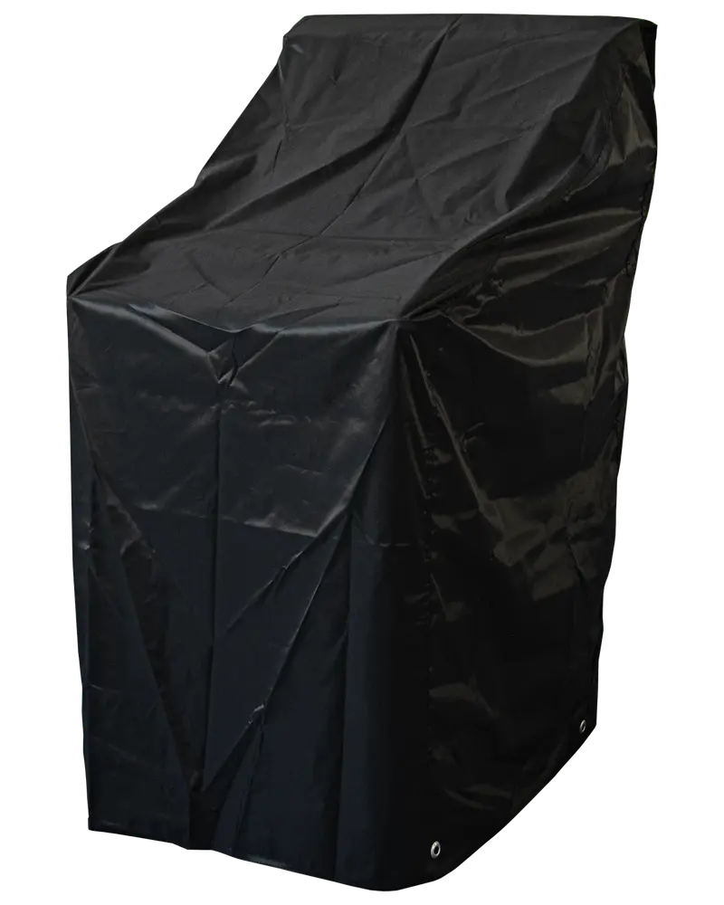 Svart vattentät möbelöverdrag till utomhusbruk, rektangulär form med passande hörn, tillverkad av slitstarkt material, skyddar stolar eller små bord mot regn, damm och sol.