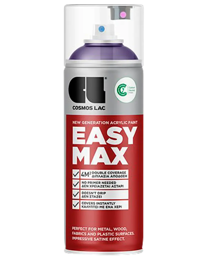 Cosmos Lac Easy Max akrylspraymaling, 400 ml dåse, egnet til metal, træ, stof og plast. Giver dobbelt dækning, tørrer hurtigt og har satinfinish.